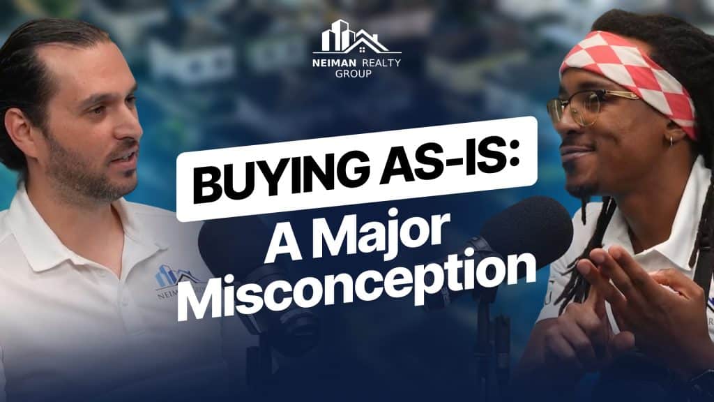 Two men, one with a beard and one with dreadlocks, speak into microphones under the title "BUYING AS-IS: A Major Misconception."