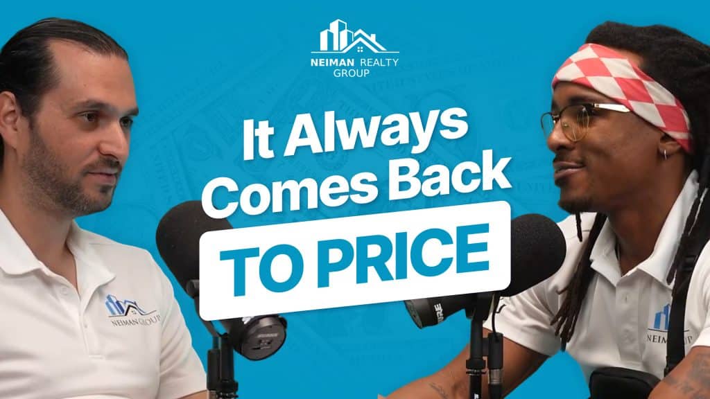 Two men with microphones against a blue background, with text "It Always Comes Back TO PRICE."